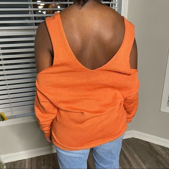 Vintage Orange Cutout Cold Shoulder Double V neck Sweater - Picture 7 of 12
